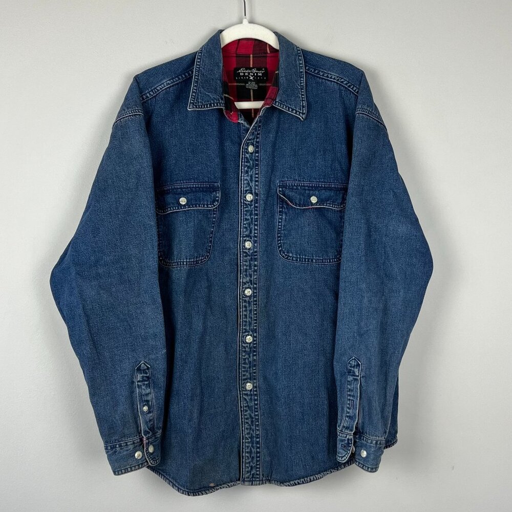 Vtg. Eddie Bauer Men's L Heavyweight Flannel Lined Denim Shacket Lumberjack